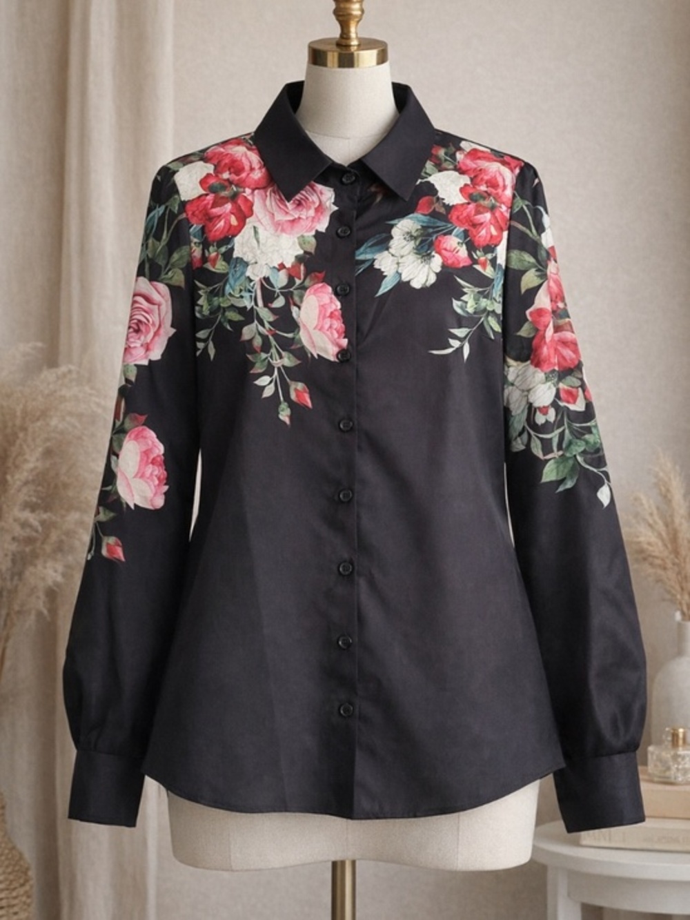 Black Romantic Floral Button Front Blouse Size M Cottagecore